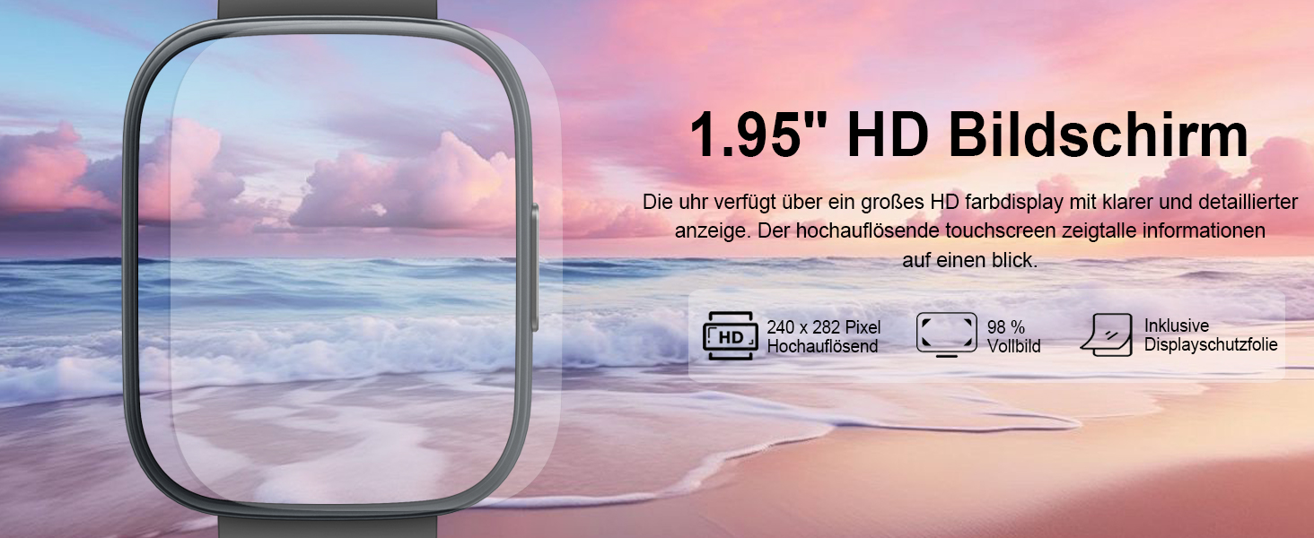 Smartwatch-Display mit quadratischem Bildschirm, der den Sonnenuntergang am Meer zeigt. Text wirbt für einen 1,95-Zoll-HD-Bildschirm mit Symbolen für hohe Auflösung, großen Anzeigebereich
