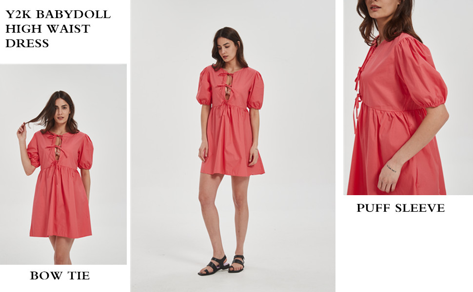 Women Casual Summer Puff Sleeve Mini Dress Bow Tie Front Y2K
