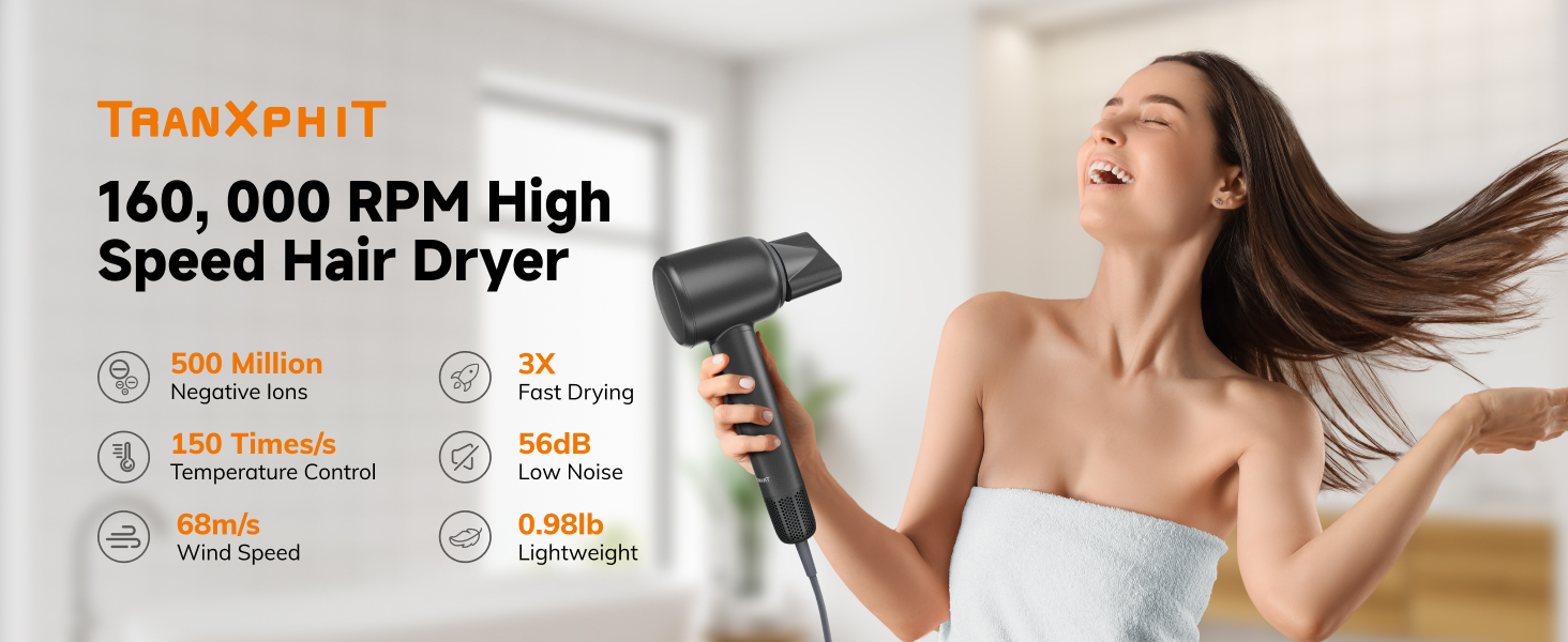 TRANXPHIT Hair Blow Dryer with Diffuser 160000 RPM High Speed Hairdryer 500 Millions Negative Ions