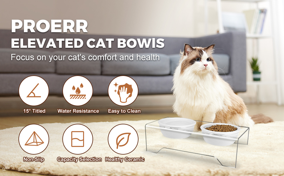 Proerr Elevated Tilted Cat Bowls,Ceramic Cat Food and Water Bowl Acrylic Stand,4