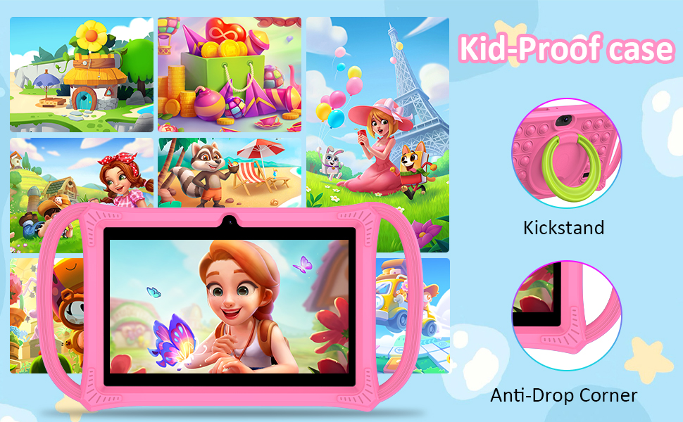 Text reads 'KidProofcase'. Nintendo Switch case featuring colorful cartoon design with donut illustration. Labels point to 'Kickstand' and 'Anti-Drop Corner' features.