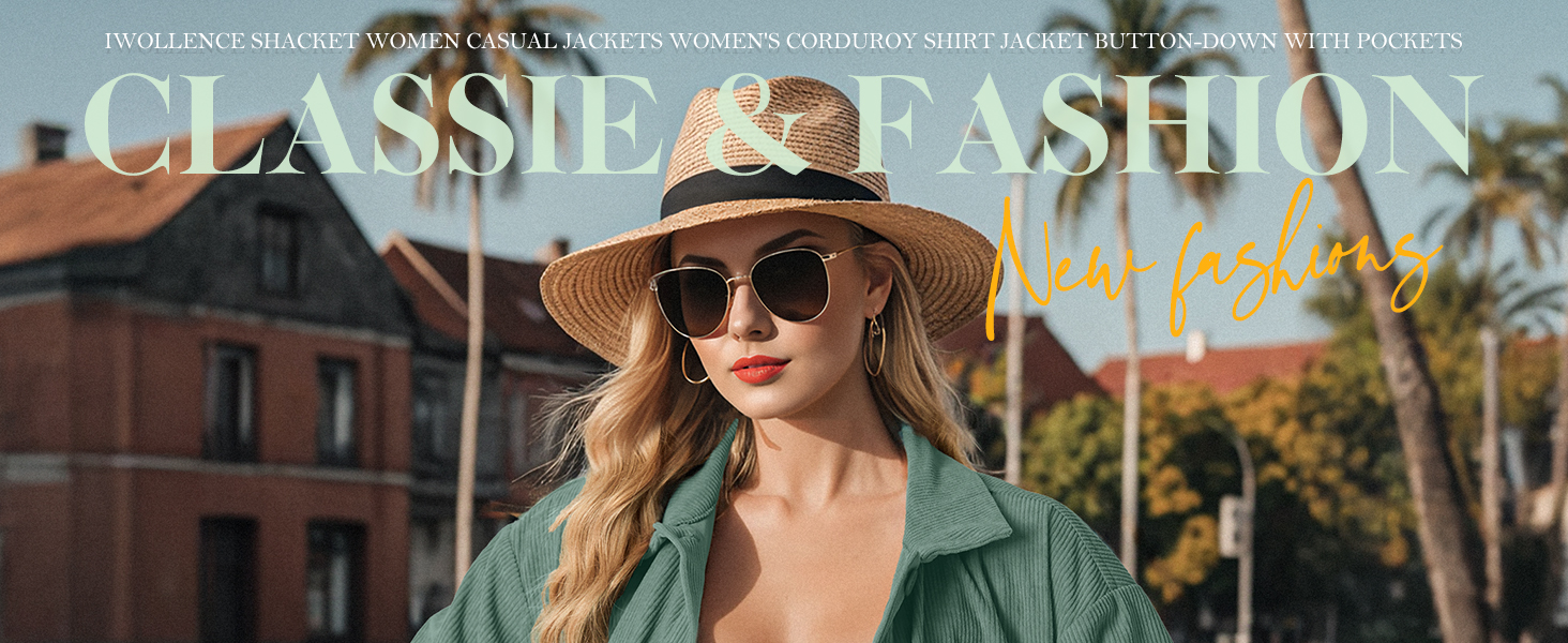 Woman in green shirt and wide-brimmed sun hat standing outdoors. Text overlay reads 'Classic Fashion Style' with palm trees in background.
