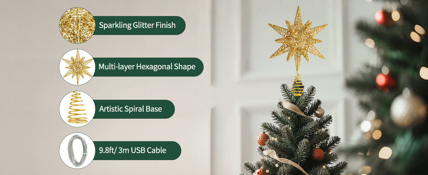 Amazon.com: Lewondr Christmas Star Tree Topper, USB Powered Remote ...