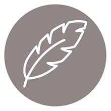 Un icono gris circular con la silueta blanca de una pluma en el centro, que representa un diseño simplificado de hojas o