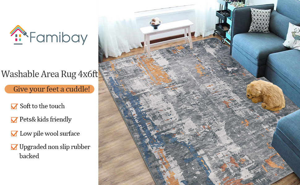 famibay Modern Abstract Area Rug 4x6 Rug Washable Throw Rugs with Rubber Backing