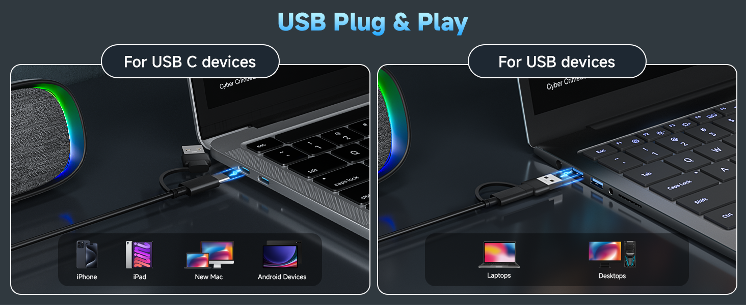 USB Plug & Play, For USB C devices / For USB devices