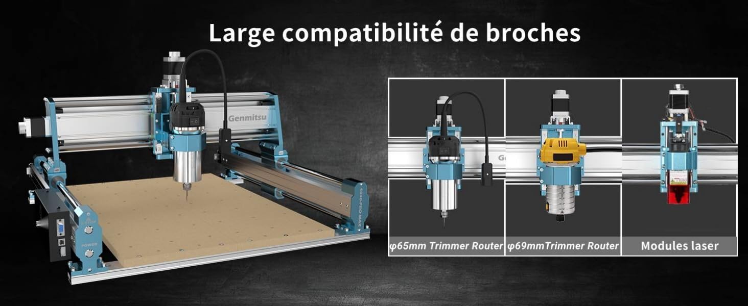 avec modules interchangeables. L'unité principale est équipée d'un système de portique X-Y sur une table en bois. L'encart montre trois pièces jointes : impression 3D, toupie à broche et module laser