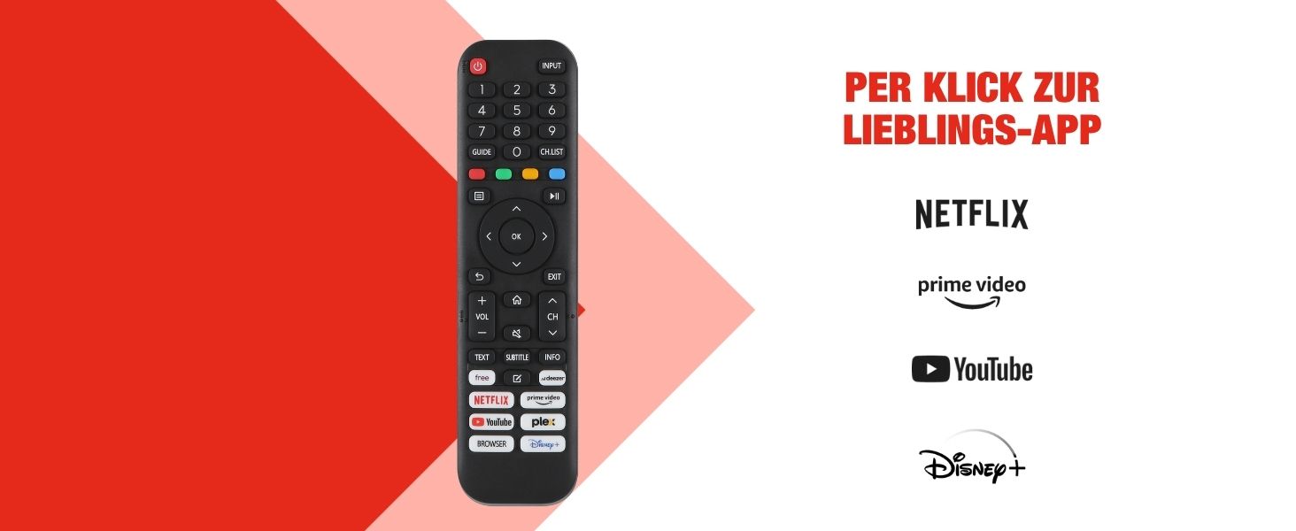 Der Text lautet „PER KLICK ZUR LIEBLINGS-APP“ mit Logos für Netflix, Amazon und Disney+ darunter. Das Bild zeigt eine schwarze Fernbedienung auf rot-weißem geometrischem Hintergrund.