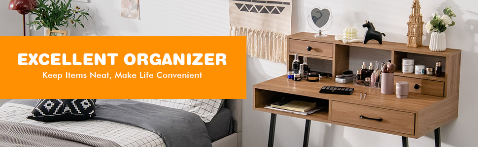 COSTWAY Multifunctional Dressing Table, Vanity Makeup Desk With 3 Drawers And Open Shelves, Home Office Bedroom Computer Desk Writing Study Table 15 5