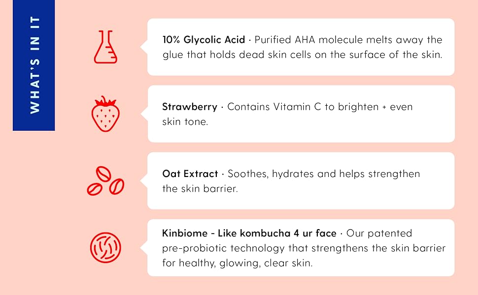 contains vitamin C from strawberries for even skin tone and oat extract to soothe and hydrate skin 