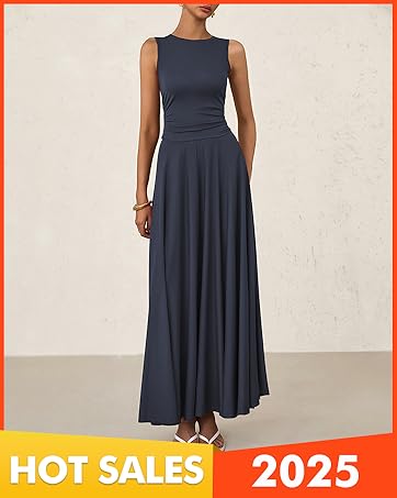 Womens Spring Dresses 2025 Casual Sleeveless Pleated Maxi Dress Stretch Tank Flowy Long Dresses