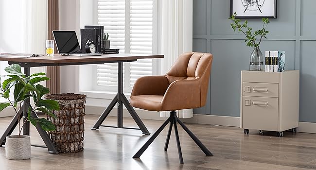 Desk Chair Modern Swivel Task Chair Without Wheels For Bedroom Home Office, Leather, Brown 16 88