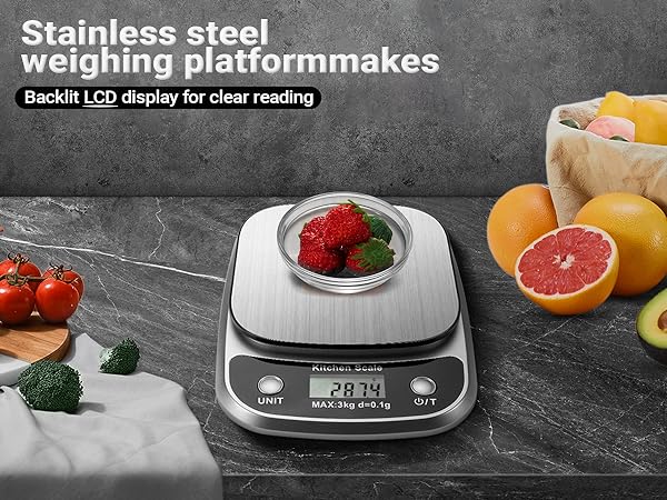 Food scale with stainless steel weighing platform in grams and ounces
