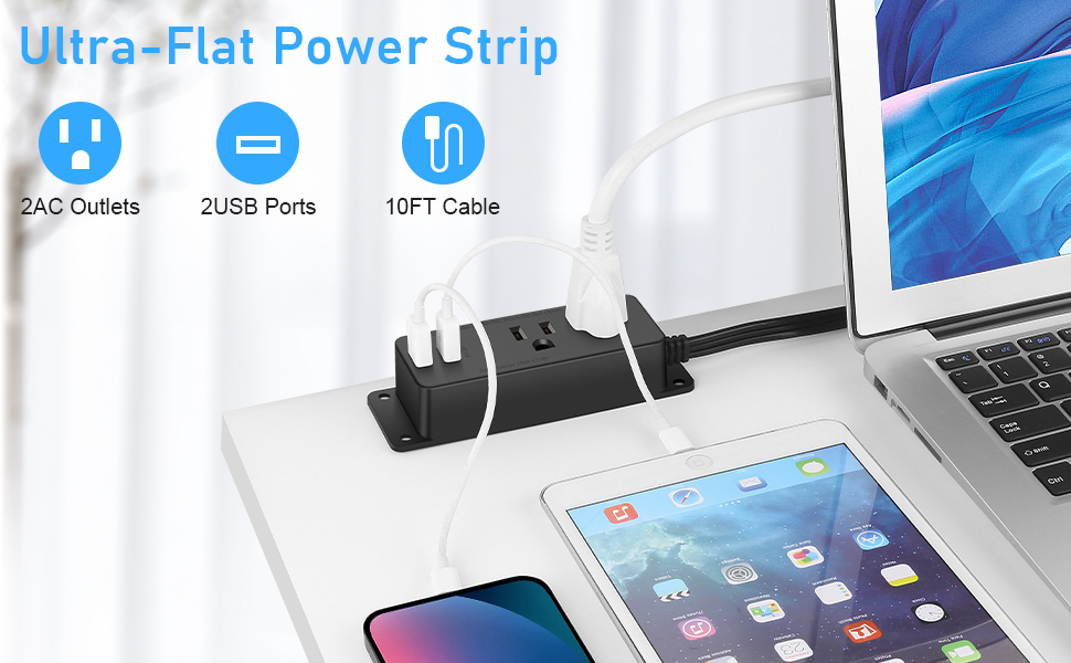 Flat Plug Power Bar with USB Ports, 2 AC Power Outlets with Baby