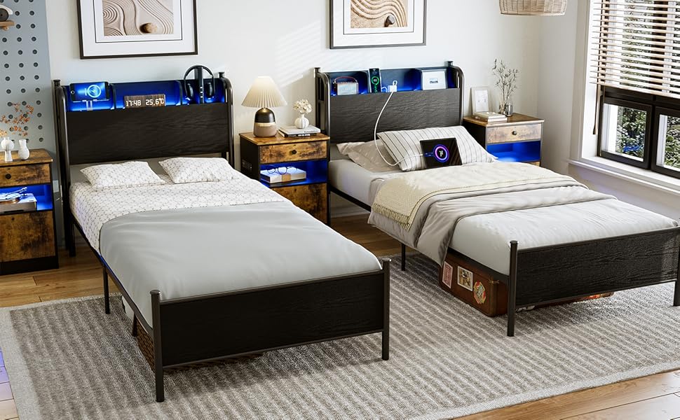 IKIFLY LED Bed Frame Twin XL with Storage Shelf Headboard