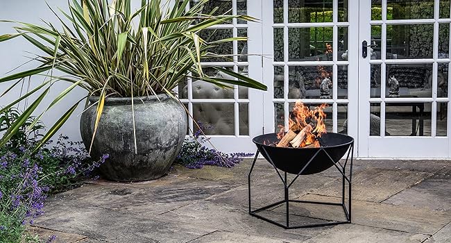 Ivyline Buckingham Firebowl with Geometric Stand in Black - UV Stable, Frost Proof & Durable