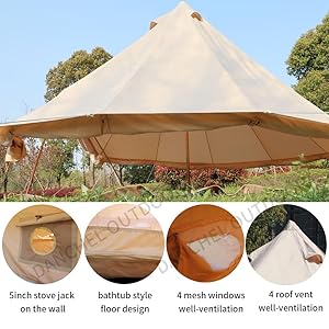 DANCHEL OUTDOOR 4 Season Oxford Glamping Tent, Waterproof Yurt Tent Bell Tent with Stove Jack for Camping White 18 TENT