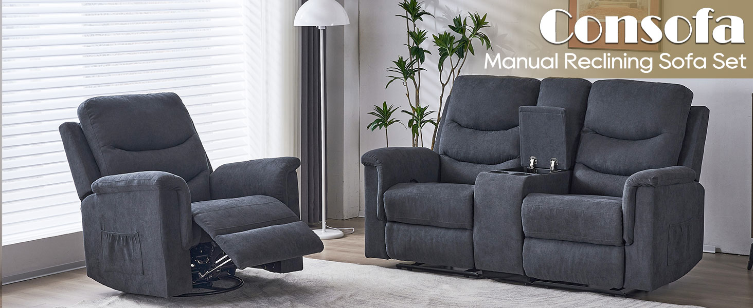 Consofa Modern Grey 2 Piece Sofa Set, Manual Reclining Sofa
