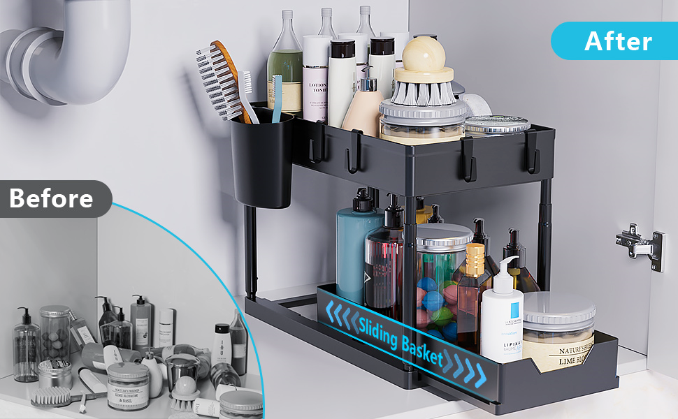 2 Pack HeightAdjustable Under Sink Organizer, Sliding Bathroom