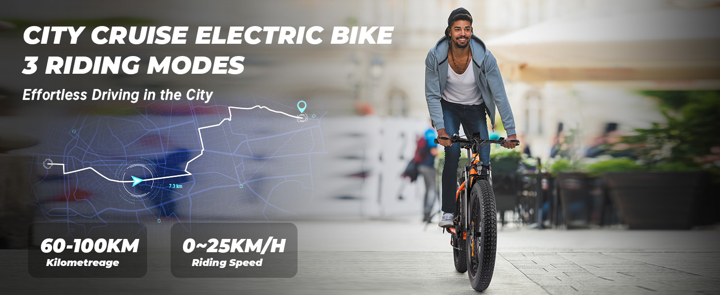 Electric bike with 3 riding modes, 60-100KM range, and 0-25KM/H speed. Person riding the bike on a city street, demonstrating its use for urban transportation.