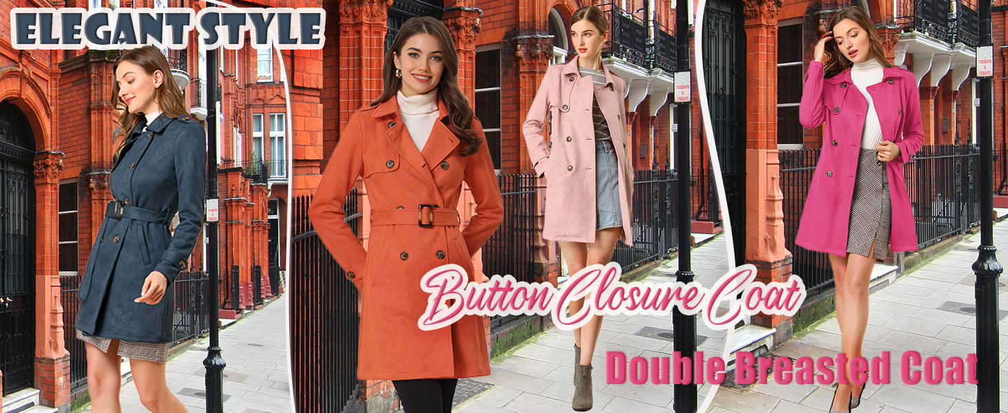 Four women modeling trench coats in different colors and styles, including button closure and double-breasted designs, on a city street with brick buildings.