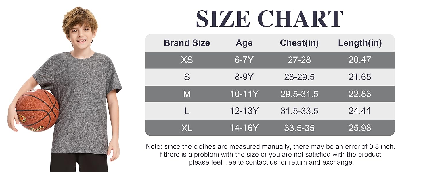 6 Pack Boys Athletic Shirts Youth Kids Quick Dry Moisture Wicking UPF 50+ Short Sleeve T-Shirts