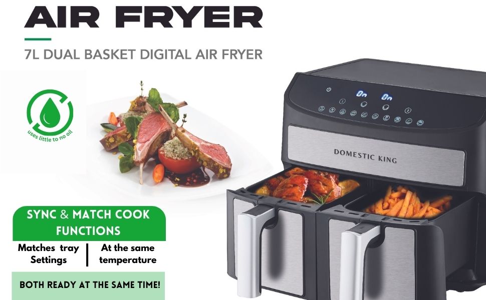 7L dual basket digital air fryer with sync and match cook function, showing control panel and two separate cooking compartments with visible heating elements.