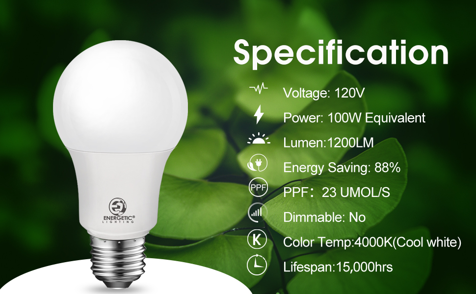 Energetic LED Grow Light Bulbs for Indoor Plants, 12W 4000K A19 Plant Light Bulb