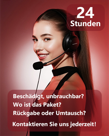 Der Text lautet „24 Stunden“, „Kontaktieren Sie uns jederzeit!“ , 'Verletzt, unbrauchbar? ' , 'Rückgabe oder Umtausch? ' Kundenservice-Banner, auf dem eine Person mit Headset auf rotem Hintergrund zu sehen ist.