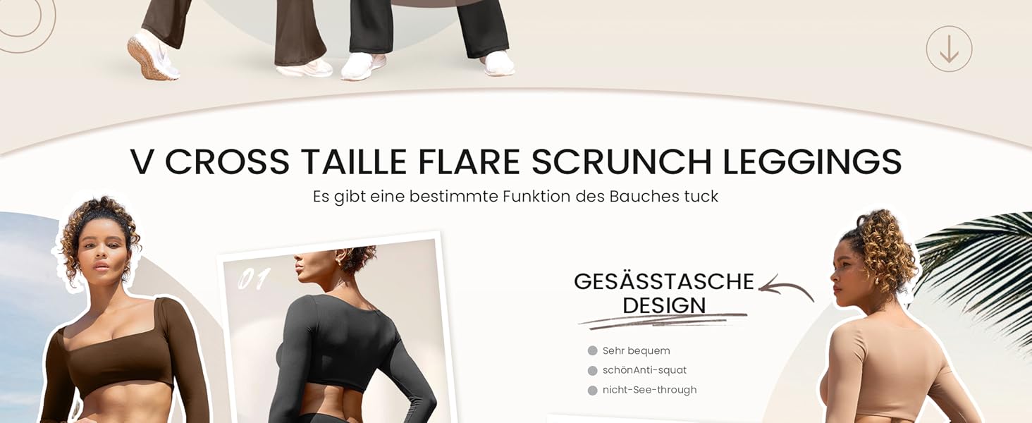 ZAAYO Damen Flare Scrunch Leggings V Cross Taille Bell Bottom Tummy Control Bootcut Workout Leggings