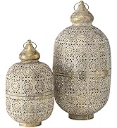 Moroccan Metal Temple Lanterns, Luxury Floor Hurricanes, Set of 2, For LED or Wax Candles, Sealed...