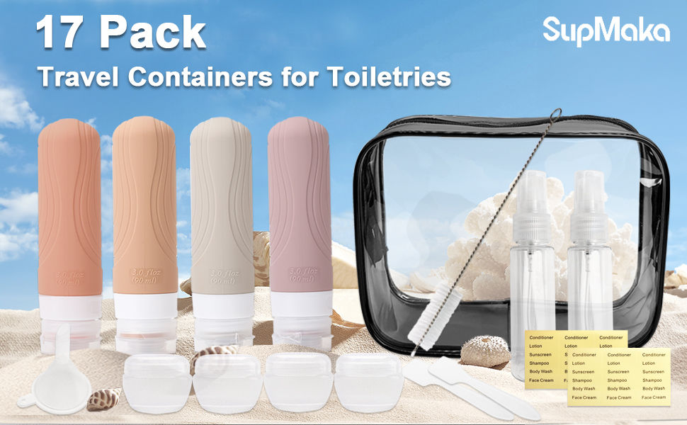 SupMaka Travel Containers for Toiletries, 17 Pcs Silicone Travel Size Bottles Set