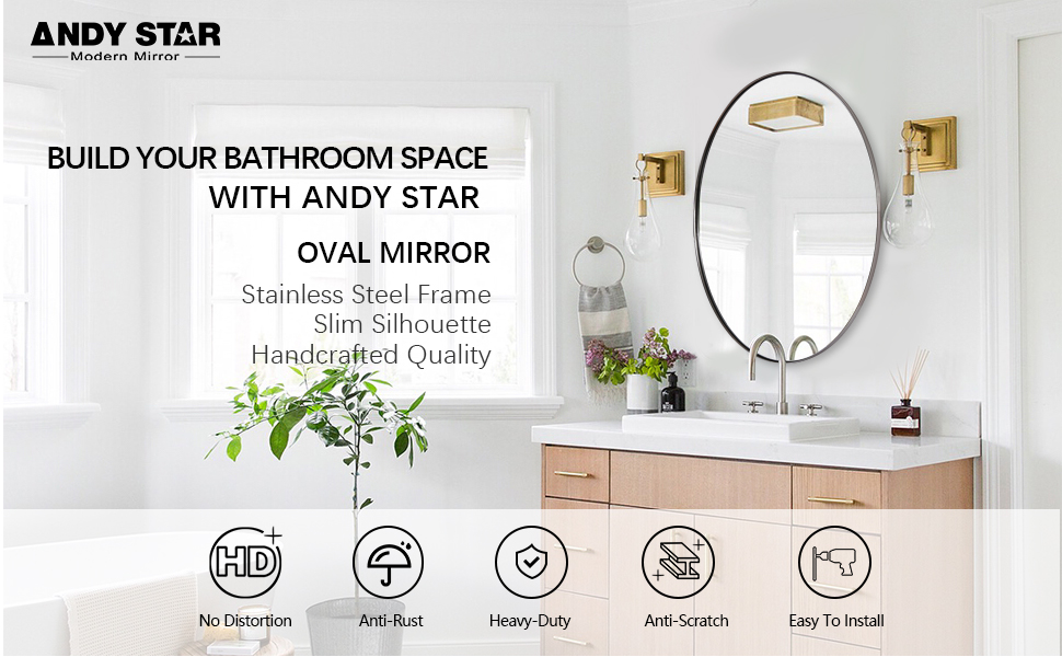 ANDY STAR Oval Mirror,22 x 30 Inch Brushed Nickel Oval Mirror, Oval