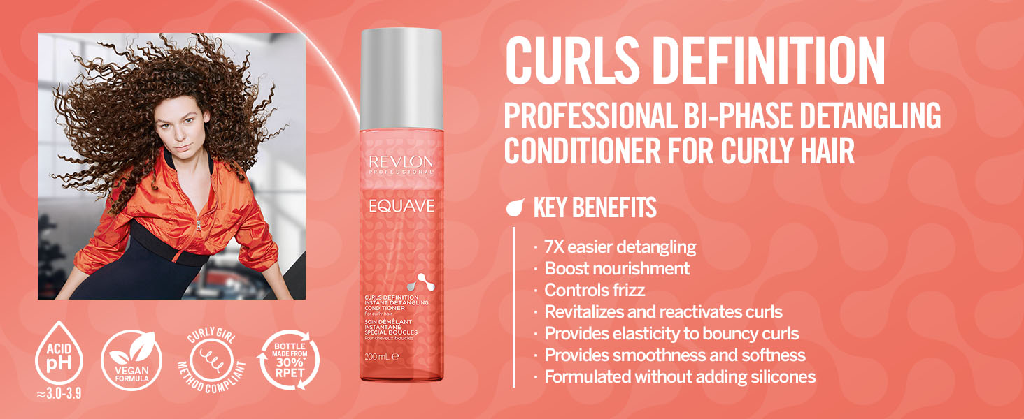 A bottle of Revlon Equave Curls Definition, detangling conditioner for curly hair.