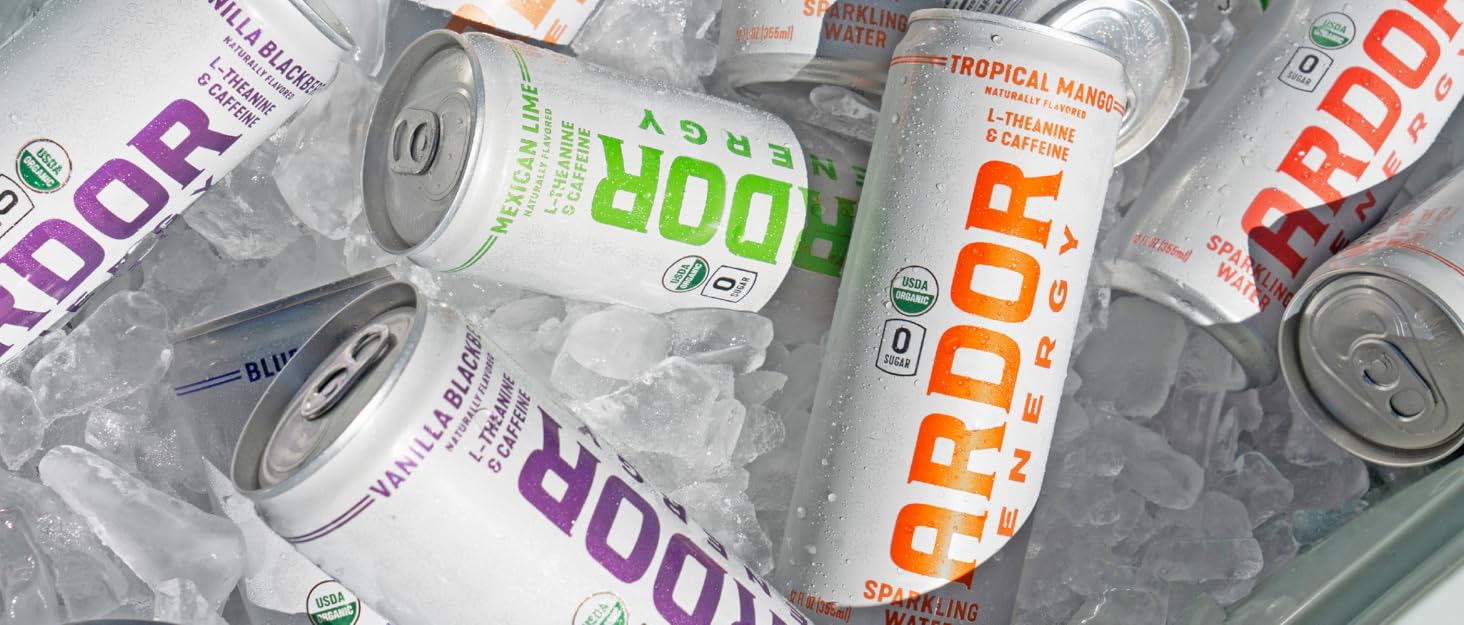 Cans of Ardor Energy Drink in a cooler full of ice