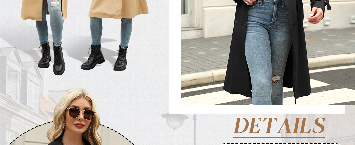 Women's Waterproof Trench Coat Long Double Breasted Windbreaker Classic Belted Lapel Overcoat