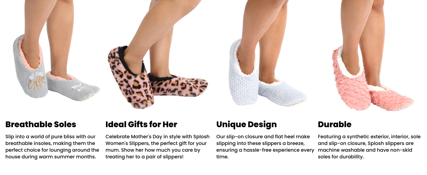 Four pairs of cozy slippers in various colors and patterns. Styles include fluffy, knitted, and animal print designs. Text highlights breathable soles and durability.