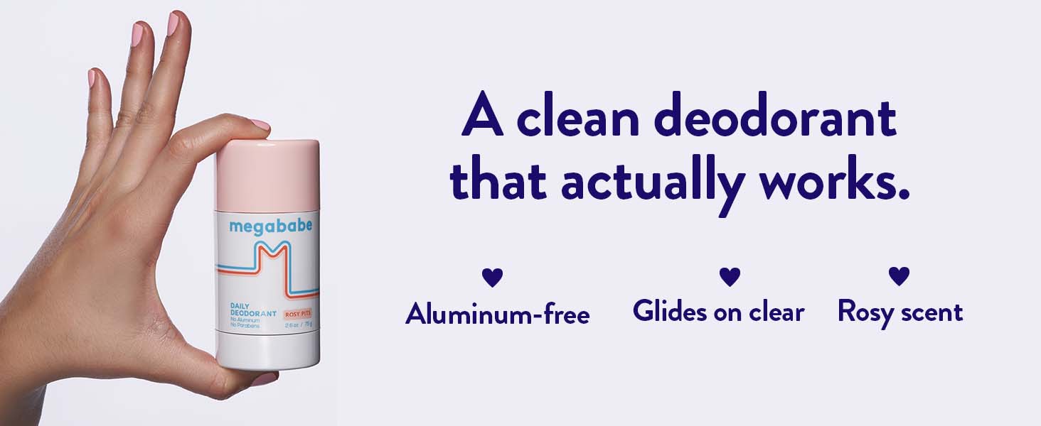 Megababe Rosy Pits with tagline "A clean deodorant that actually works."