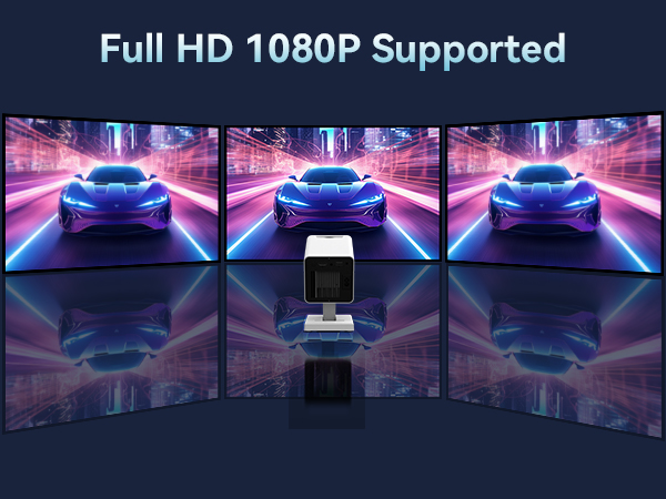Three identical displays showing 1080P HD support, featuring glowing blue sports car imagery with neon lighting effects.