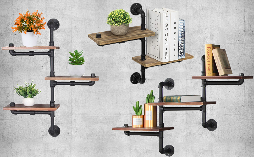 SaiDuoDuo Wooden Floating Shelves, 3-Tier Industrial Pipe Wall Mount Shelves, Rustic Shelves, Wall Mounted Book Shelf, Wall Shelves, for Kitchen, Living Room Decor Home Accessories 10 pipe shelf