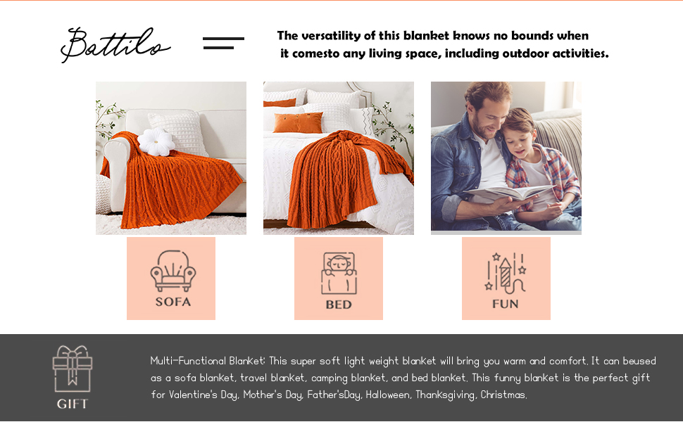 BATTILO Home Burnt Orange Throw Blanket for Couch, Autumn Fall Decor