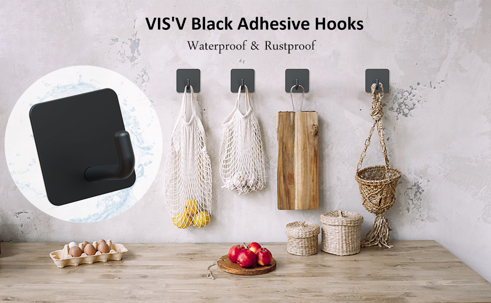 VIS'V Adhesive Hooks, Black Self Adhesive Wall Hooks Waterproof Shower