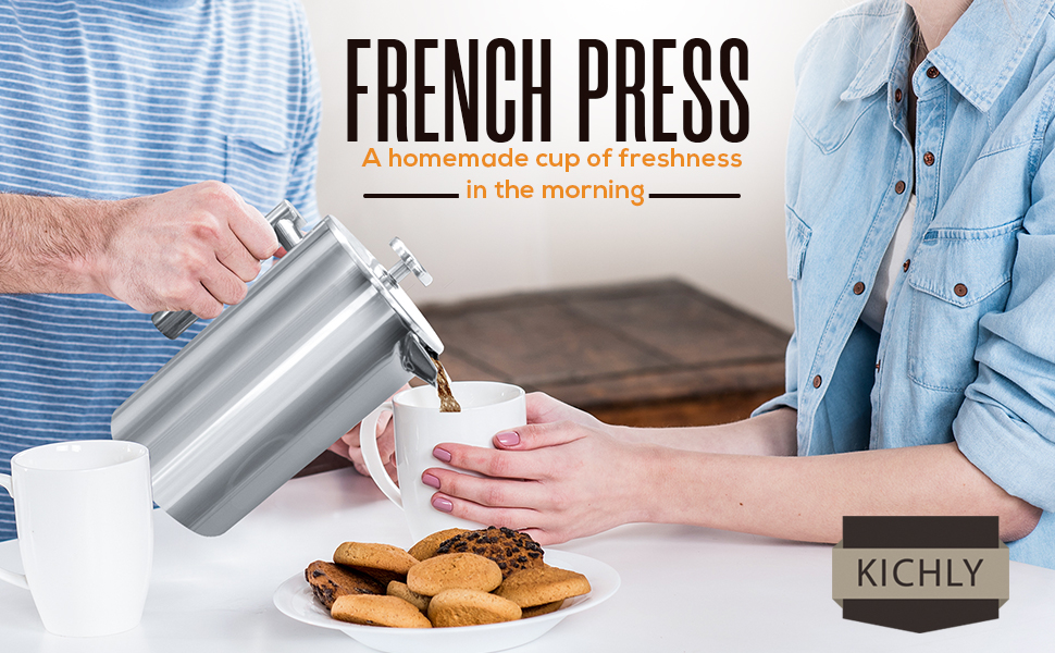 KICHLY 34 OZ French Press, 100 Stainless Steel Double Walled
