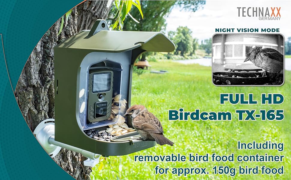 Technaxx Bird Feeder Camera Station with Treat Hanging, 150 g Box for