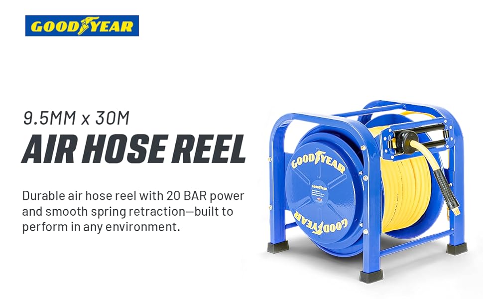 Text reads 'GOODYEAR AIR HOSE REEL 9.5MM x 30M'. Shows blue retractable air hose reel with text '20 BAR power and smooth spring retraction'.