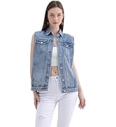 ZMTUO Women's Light Wash Blue Denim Vests Sleeveless Collared Top with Vintage Fade Relaxed Fit V...