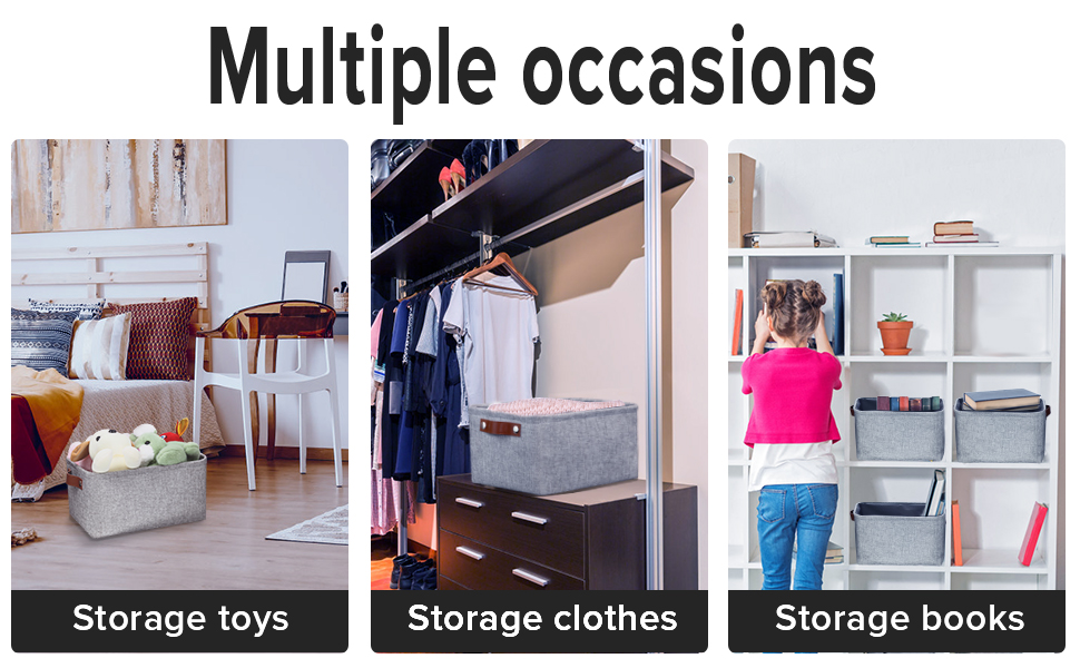 Grey Fabric Storage Boxes with Handles, Foldable Small Linen Canvas