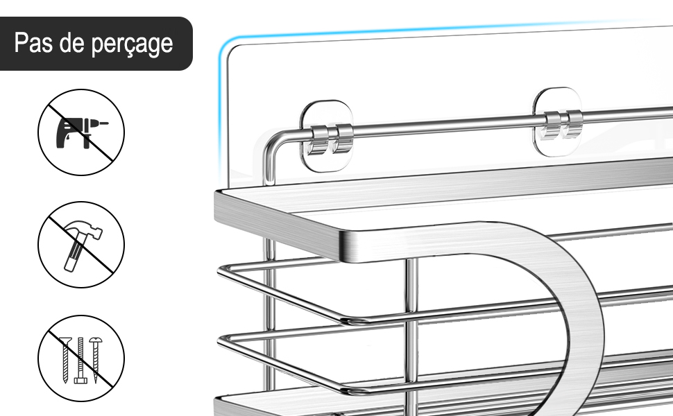 Schéma technique d'une étagère de salle de bain murale avec support métallique incurvé et instructions d'installation montrant la méthode de montage sans perçage