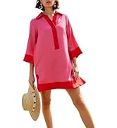 Omoone Linen Shirt Dress for Women V Neck Contrast Tunic Shift Dresses Summer Swimsuits Coverup w...