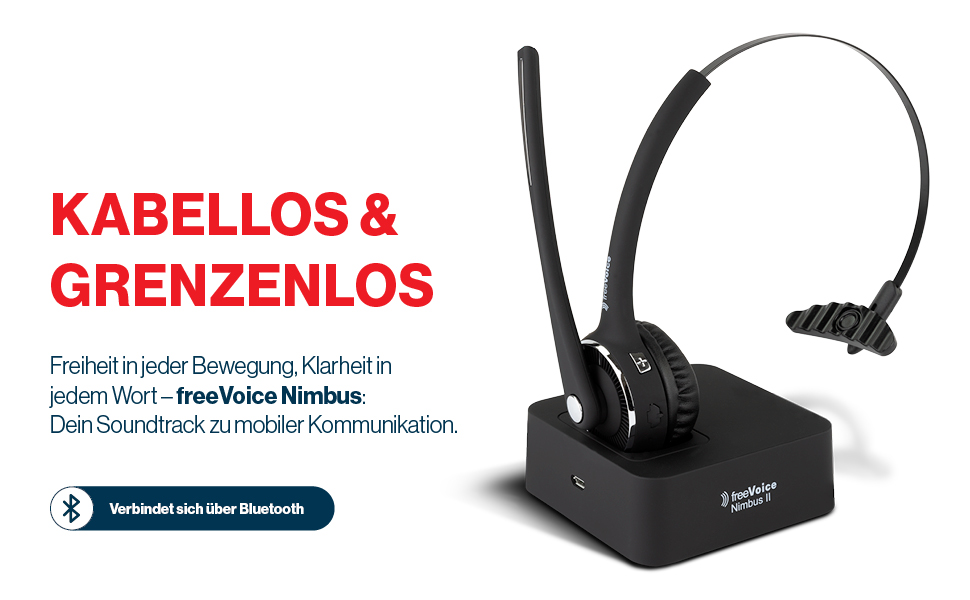 freeVoice Nimbus II Kabelloses Bluetooth Headset mit Mikrofon für Büro, Home Office oder